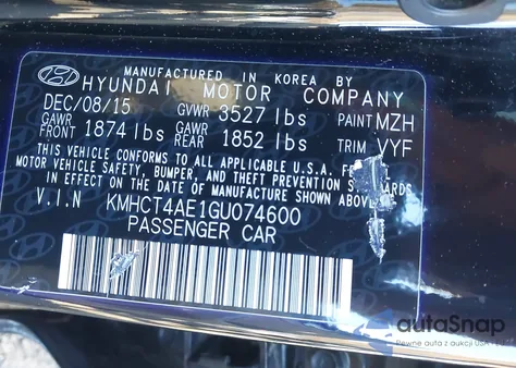 2016 Hyundai Accent Se from USA, damaged, VIN KMHCT4AE1GU074600